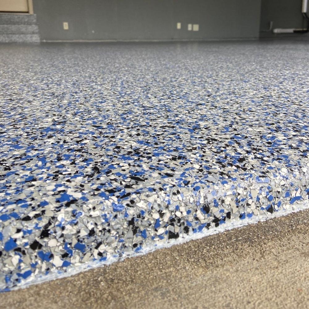 Close-up of blue color flake epoxy edge detail