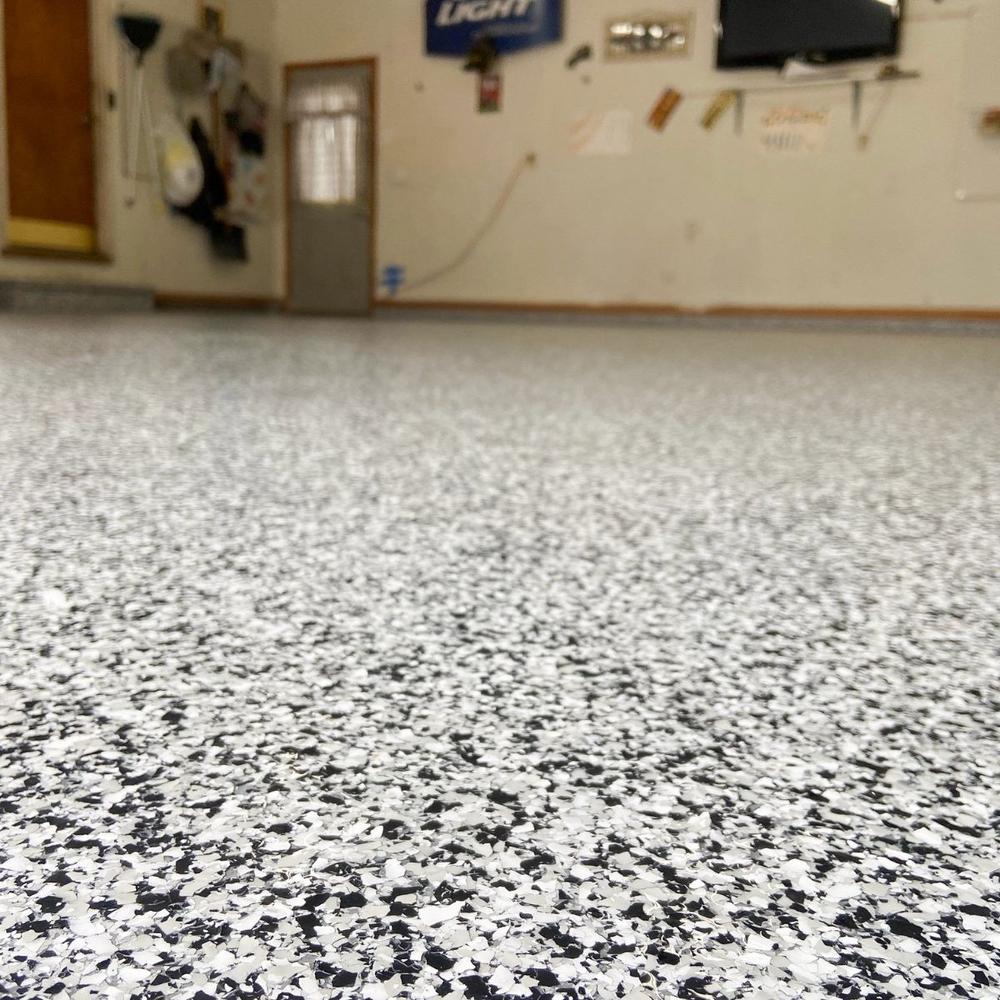 Low-angle view of finished epoxy garage floor